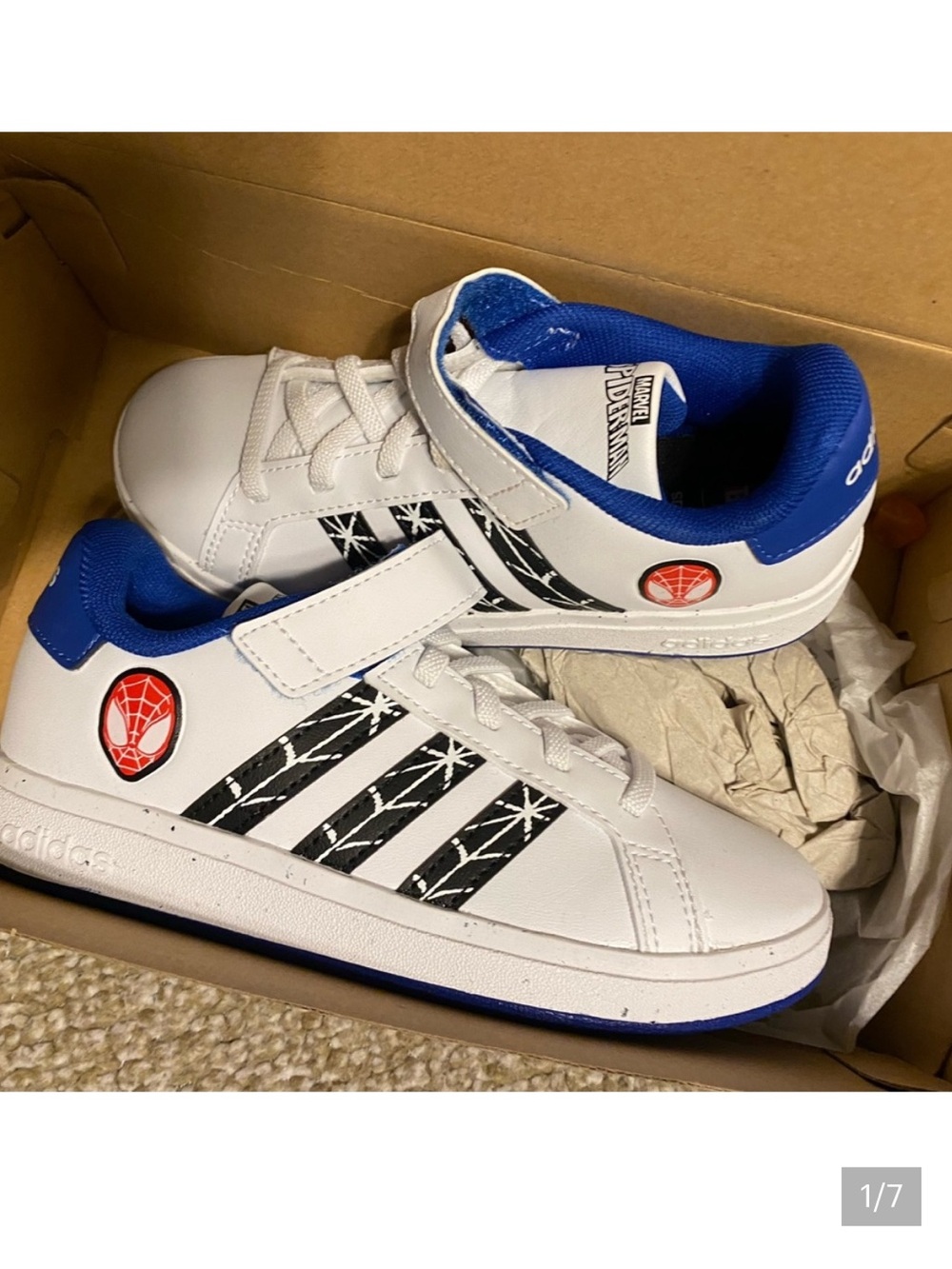 adidas Kids White Black and Blue Spider-Man Accent Sneakers